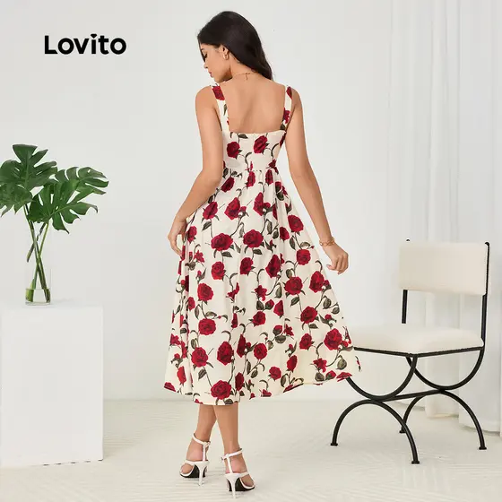 (Trendy) Lovito Vestido Casual com costura em tecido Floral e nó plissado para mulheres LBL23194