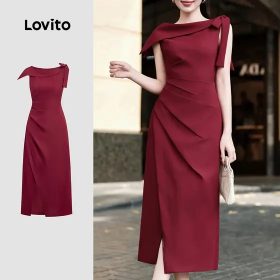 Lovito Vestido Elegante Assimétrico Pregueado Primavera/verão Vestido Claret para Mulheres L158ED1072
