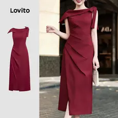 Lovito Vestido Elegante Assimétrico Pregueado Primavera/verão Vestido Claret para Mulheres L158ED1072