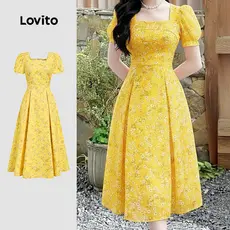 Lovito Vestido Boho com Zíper Primavera/verão Amarelo para Mulheres L177ED284