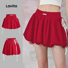 Lovito Saia Vermelha Casual De Verão/primavera Com Detalhes Em Fita Contrastante Drapeado Pregas E Laço WomenL136AD177