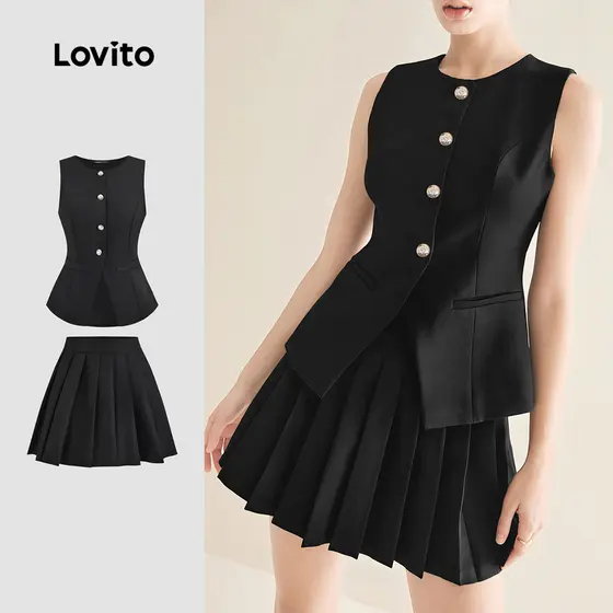(Trendy) Lovito Tops ou calças plissadas frontais com botões geométricos para mulheres L129ED716
