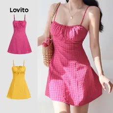 Lovito Vestido Boho com Renda Zíper Macio e Confortável Primavera/verão Vermelho rosa L137ED021