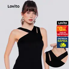 Lovito Blusa Preta Sexy Transpassada Basica Feminina Alças Cruzadas LB1156BRL1186