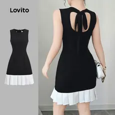 Lovito Tecido para Vestido Casual Costura Plissado Primavera/verão Vestido Preto e branco L155ED528