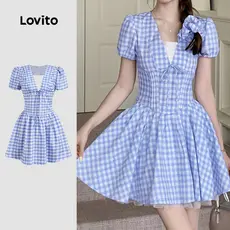 (New) Lovito Vestido Casual com Laço para Primavera/verão Azul para mulheres L151AD043