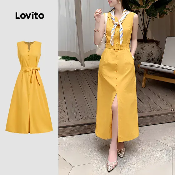 (New) Lovito Vestido Casual de Botão para Primavera/verão Amarelo para mulheres LBL28341