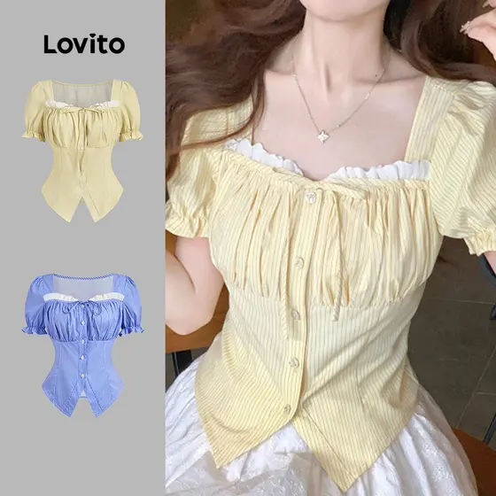 Lovito Blusa Casual Cores Contrastantes Amarração Frontal Dividida Blusa Amarela Primavera/verão Para Mulheres L135ED266
