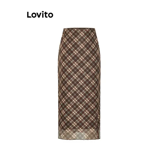 (Trendy) Lovito Saias Formais Xadrez Saias Divididas De Camada Dupla Para Mulheres L58AD073 (Multicolorido)