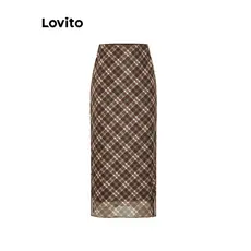 (Trendy) Lovito Saias Formais Xadrez Saias Divididas De Camada Dupla Para Mulheres L58AD073 (Multicolorido)