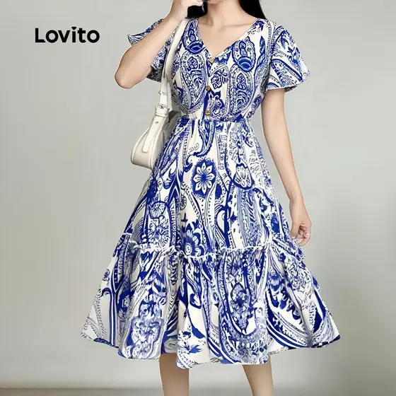 Vestido com babados de manga curta estampado azul com botão frontal-DRB152PBD054