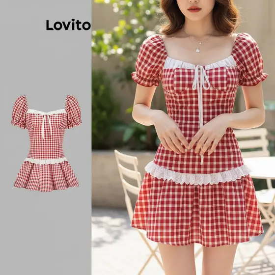 Lovito Vestido Casual Xadrez Com Babados Decote Laço Drapeado Manga Bufante Feminino L114AD416\2
