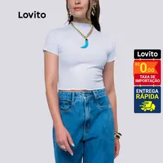 Lovito Camiseta feminina Manga Curta e Gola Alta em Malha Canelada LB14891519