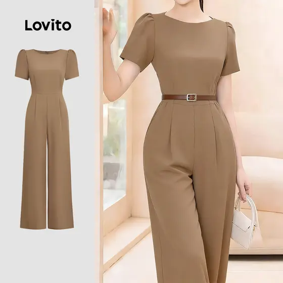 Lovito Elegante Macacão Plissado Comuter Primavera/verão Marrom Macacão para Mulheres L183AD387