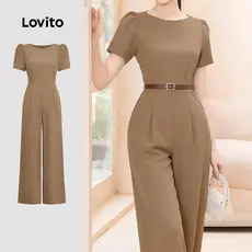 Lovito Elegante Macacão Plissado Comuter Primavera/verão Marrom Macacão para Mulheres L183AD387
