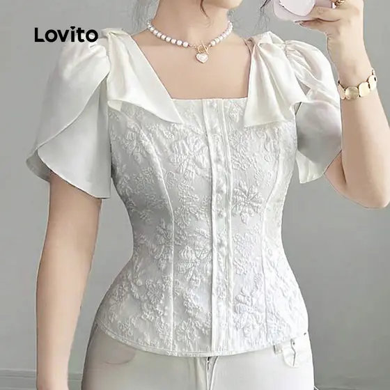 Lovito Blusa Elegante de Tecido com Laço Costurado Primavera/verão Branca Off para mulheres L146ED015