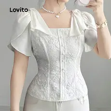 Lovito Blusa Elegante de Tecido com Laço Costurado Primavera/verão Branca Off para mulheres L146ED015