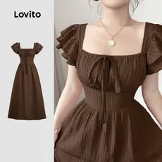 Lovito Vestido Elegante de Renda com Amarração Textura Primavera/verão Vestido Marrom para Mulheres L155AD072