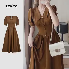Lovito Vestido Elegante Botão Primavera/verão Marrom para Mulheres L178ED407