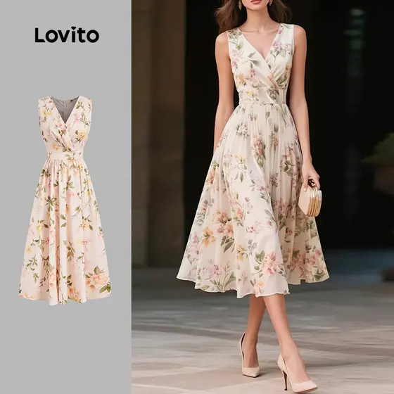 (Lovito x Ana) Vestido Boho Feminino com Babados Ideal para Primavera/Verão L154ED406