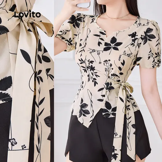 Lovito Blusa Casual de Renda com Cadarço Primavera/verão Blusa de Damasco para mulheres L138AD1402