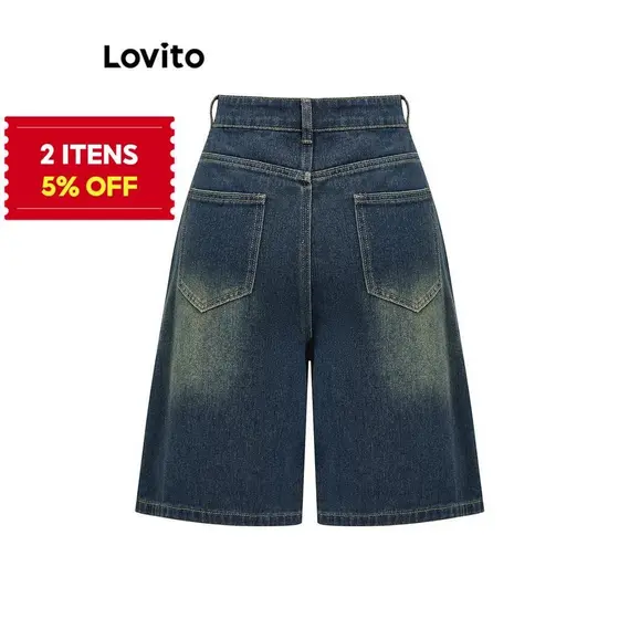 (Trendy) Lovito Short Jeans Casual Com Bolso Liso Para Mulheres L93AD053 (Multicolorido)