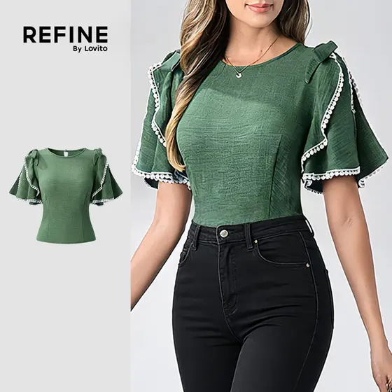 (Refine by Lovito) Blusa Elegante Trança Babado Laço Primavera/verão Blusa Verde para Mulheres. LR32L053