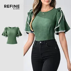 (Refine by Lovito) Blusa Elegante Trança Babado Laço Primavera/verão Blusa Verde para Mulheres. LR32L053