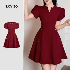 Lovito Vestido Elegante Com Estrutura Simples De Botões E Modelagem Em Tom Vinho Primavera/verão Para Mulheres L155ED766