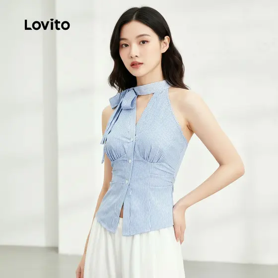 Lovito Top Feminino Azul com Amarração e Pregas para Primavera/Verão LK2AD462