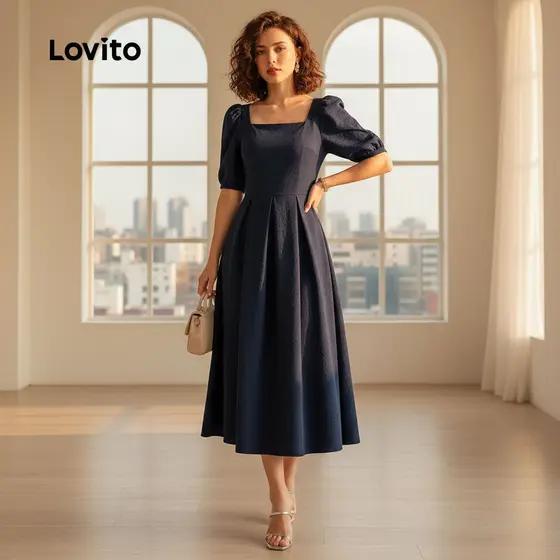Lovito Vestido Casual em Chiffon com Pregas para Primavera/verão Azul-marinho para mulheres L154ED592\2