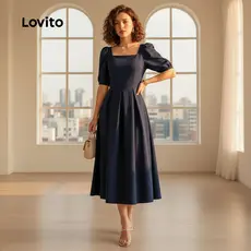 Lovito Vestido Casual em Chiffon com Pregas para Primavera/verão Azul-marinho para mulheres L154ED592\2