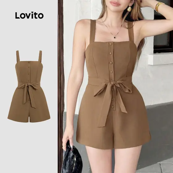 (NEW) Lovito Macacão Casual de Renda com Laço Botão Primavera/verão Castanho para Mulheres L155AD250