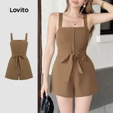 (NEW) Lovito Macacão Casual de Renda com Laço Botão Primavera/verão Castanho para Mulheres L155AD250