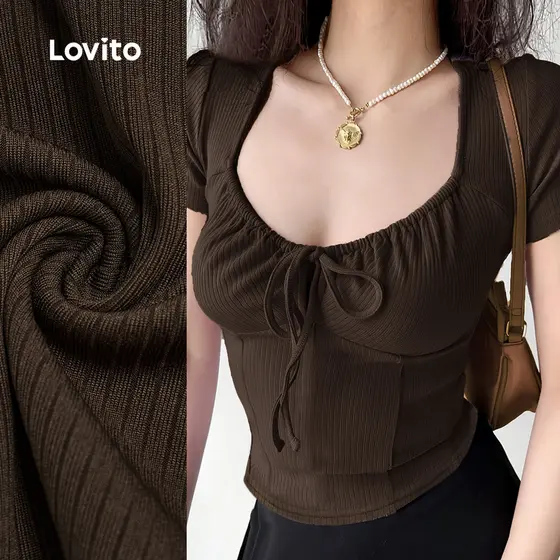 Lovito Camiseta Casual com Laço Na Frente e Franzido Boa Textura Primavera/verão Camiseta marrom L138ED170
