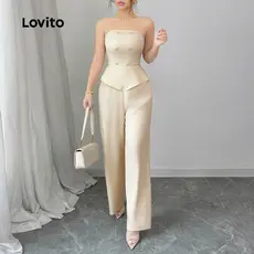 (Trendy) Lovito Macacão Duplo Elegante Com Botão Liso Para Mulheres L133ED612