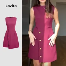 (NEW) Lovito Vestido Elegante Simples Assimétrico Primavera/verão Vestido Claret para Mulheres L155ED1471
