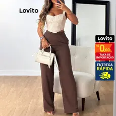 Lovito Calça Casual Bolso Liso E Botão Para Mulheres LNL68092
