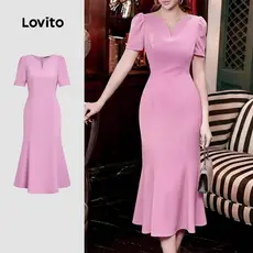 Lovito Linha de Estrutura de Vestido Casual Primavera/verão Rosa Vestido para mulheres. L171ED322