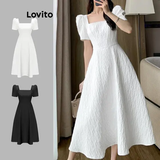 (Trendy) Lovito Vestido Elegante De Verão/Primavera Com Manga Bufante E Gola Quadrada Para Mulheres L65ED170 (Branco)