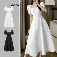 (Trendy) Lovito Vestido Elegante De Verão/Primavera Com Manga Bufante E Gola Quadrada Para Mulheres L65ED170 (Branco)