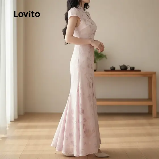 Lovito Vestido Casual Estilo Chinês Cheongsam Qipao Rosa Com Zíper Para Mulheres Perfeito Para Primavera/verão L157ED040