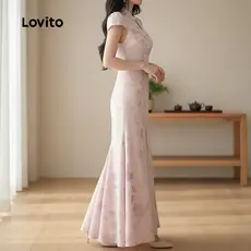 Lovito Vestido Casual Estilo Chinês Cheongsam Qipao Rosa Com Zíper Para Mulheres Perfeito Para Primavera/verão L157ED040