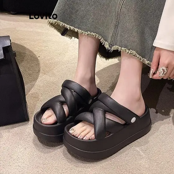 (Trendy) Lovito Casual Simples Criss Cross Usar Sandália Rasa Externa para Mulheres LFA60401