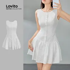 (Hot) (Refine by Lovito) Vestido Casual Vestido Bordado Com Ilhós Lisos Para Mulheres LR2ED078