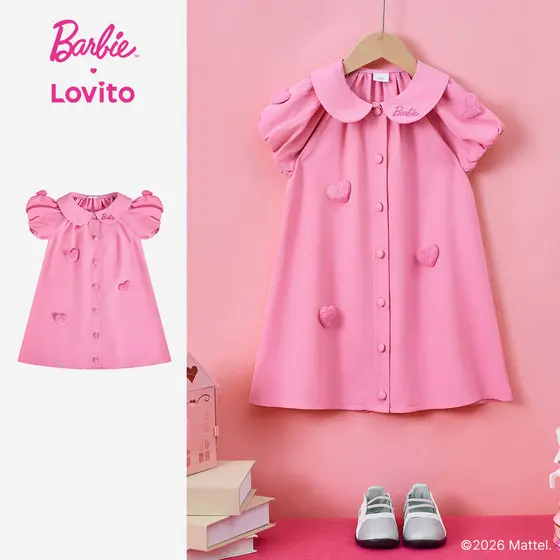 [Mid Year Sale]Barbie™ X Lovito Kids Vestido Rosa Primavera/verão com Bordado de Coração para Menina DRBL2PAD004