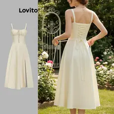 Lovito Vestido Feminino Elegante com Amarração Frontal e Costas, Vestido de Verão L74ED185