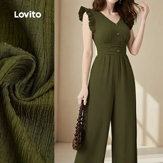 Lovito Macacão Casual Jacquard Babado Primavera/verão Macacão Verde para Mulheres LK2ED079