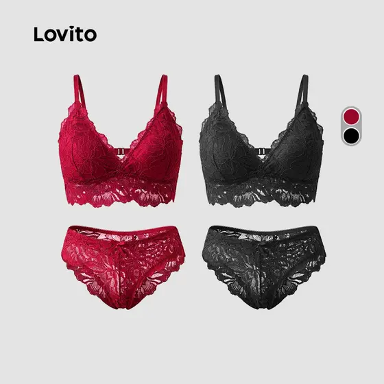 Lovito Conjunto de Lingerie 2 Peças Sutiã e Calcinha Casamento/Exame Renda Anti-flacidez LNE141142