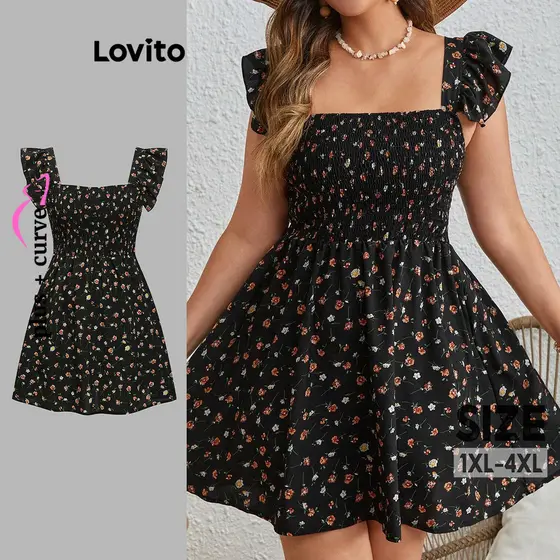 (Trendy) Lovito Vestido Curva Plus Size Elegante Ditsy Floral Estampado Vestido Smocked Para Mulheres LBL18614